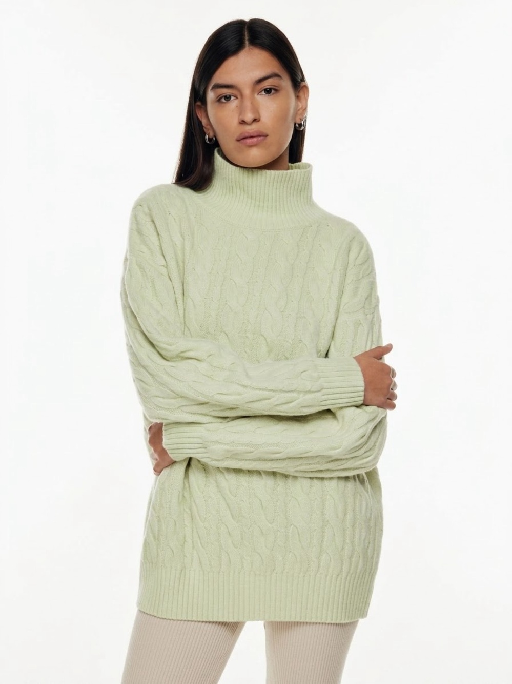 Babaton Aritzia Stargaze Turtleneck Palm Green Cable Knit Merino Wool Large